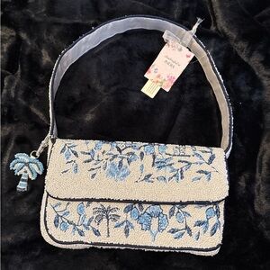 Embroidered Beaded Shoulder Bag in Blue and Cream